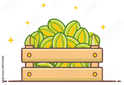 Freshly harvested starfruits overflowing in a rustic wooden crate cartoon illustration