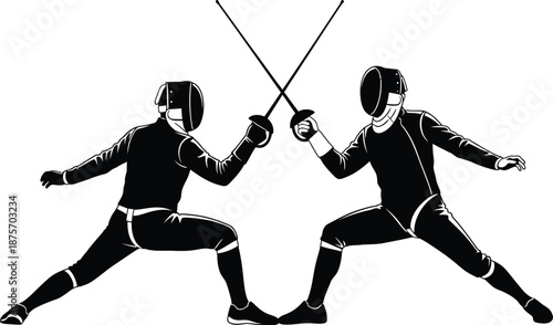 Fencing Sport Player Duel Sword Fighting Martial Arts Game Vector Silhouette and Pictogram only black and white 