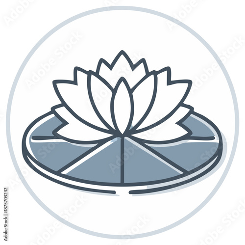 Elegant lotus flower icon on a water lily pad, simple line art illustration for nature and spa