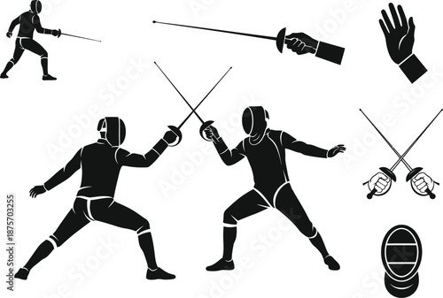 Fencing Sport Player Duel Sword Fighting Martial Arts Game Vector Silhouette and Pictogram only black and white 