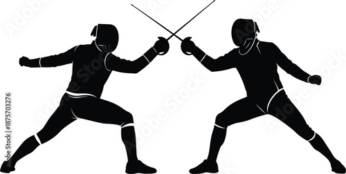 Fencing Sport Player Duel Sword Fighting Martial Arts Game Vector Silhouette and Pictogram only black and white 