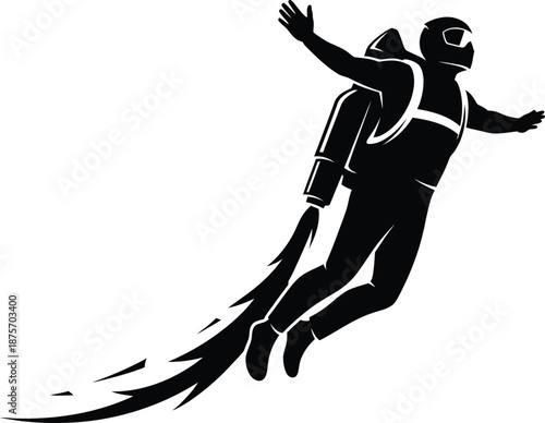 Figure flying a jetpack silhouette vector art black color design and solid white background 