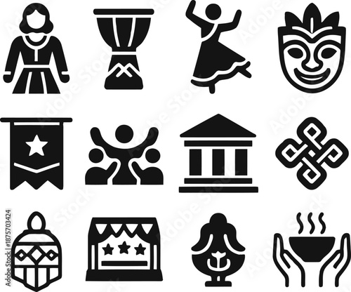 Cultural and festive icons representing diversity, celebration, and heritage with a stylized visual appeal