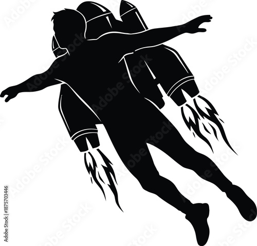 Figure flying a jetpack silhouette vector art black color design and solid white background 