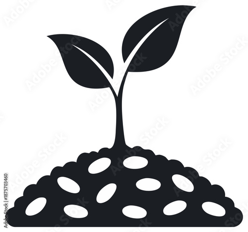 Minimalist illustration of a small plant seedling with two leaves growing from fertile soil