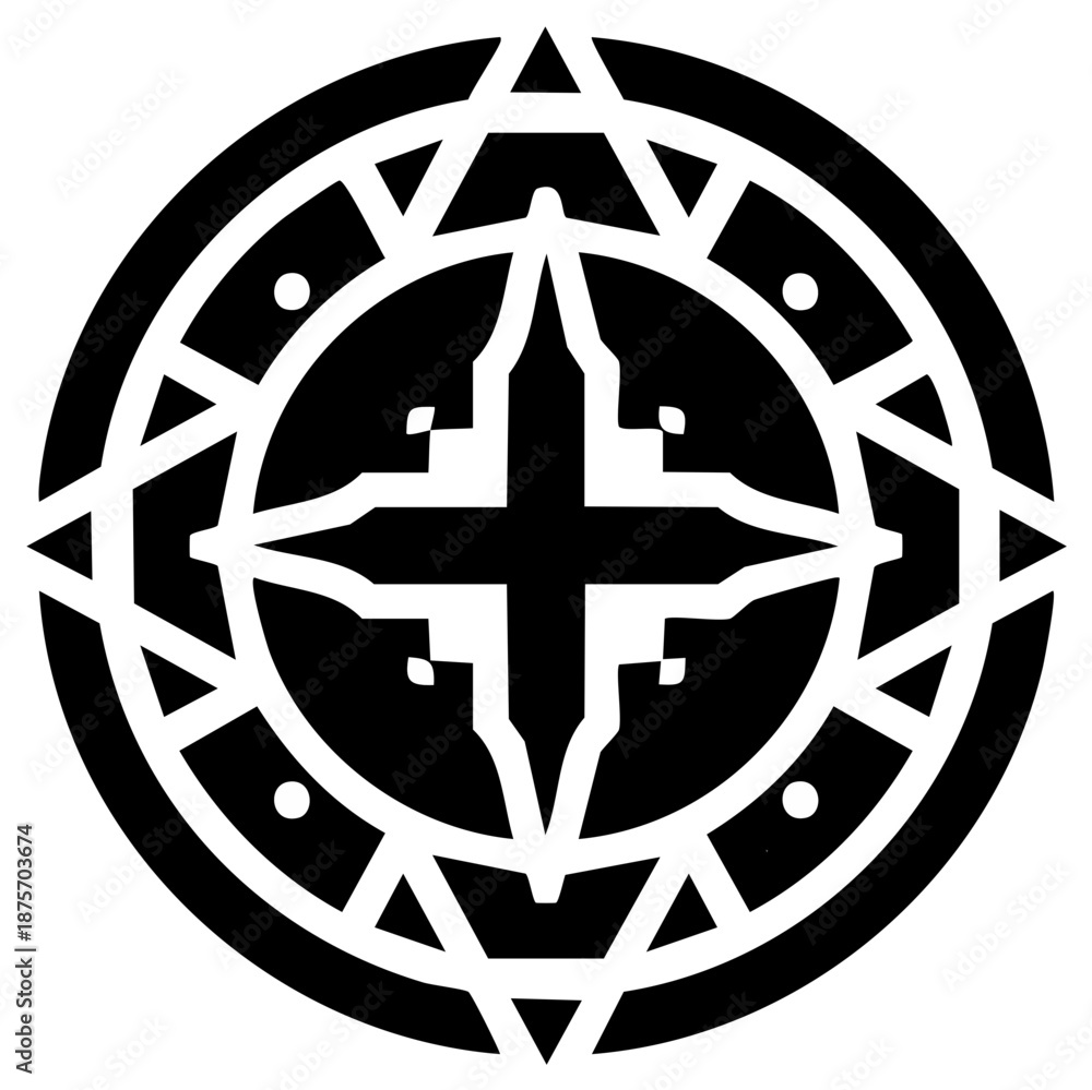 Fototapeta premium Black White Stylized Geometric Compass Star Emblem Circular Abstract Symbol