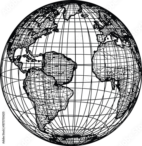 Global sphere grid illustration PNG. 3D wireframe earth globe line vector design black and white on white background 