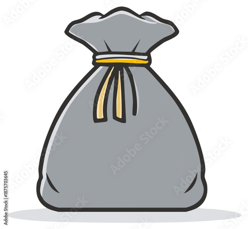 Cartoon illustration of a tied sack containing goods in grayscale and yellow, representing storage or collection