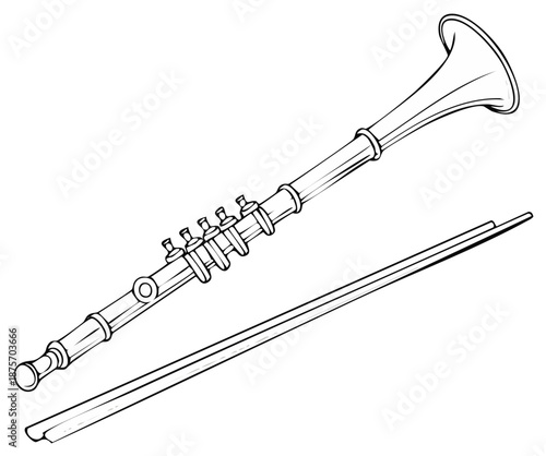 Elegant Clarinet and Reed Sketch: Line Art for Music Education, Orchestral Themes, Wind Instrument Design
