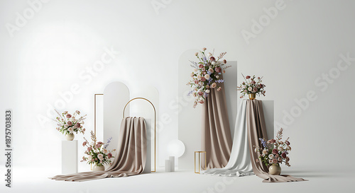 Elegant Floral Arrangement with Draped Fabric: Modern Minimalist Design for Weddings, Events, and Interior Decor