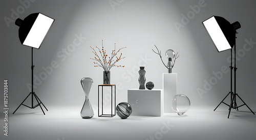 Professional Photography Studio Setup with Softbox Lighting and Decorative Objects like Vases, Spheres, and Abstract Sculptures on a Minimalist Background