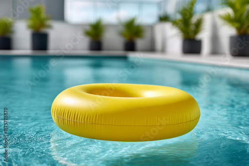 Yellow inflatable ring floating in a clear swimming pool on a sunny day