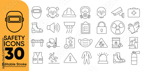 30 Industrial Safety and PPE Line Icons Set - Workplace Protection, Occupational Health, Construction Safety Equipment, and Hazard Warning Symbols
