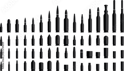Ammunition bullet silhouettes set, cartridge calibers collection, weapon ammo icons, black and white military vector illustration design
