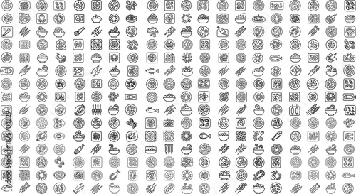 Collection of various food and drink icons in different shapes and forms on white background