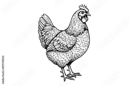 Vintage engraved farm chicken hen illustration in black and white hand drawn engraving style