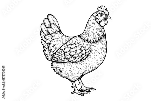 Vintage engraved farm chicken hen illustration in black and white hand drawn engraving style