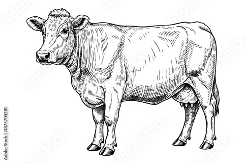 Vintage cow engraving illustration in detailed hand drawn black and white line art style isolated on white
