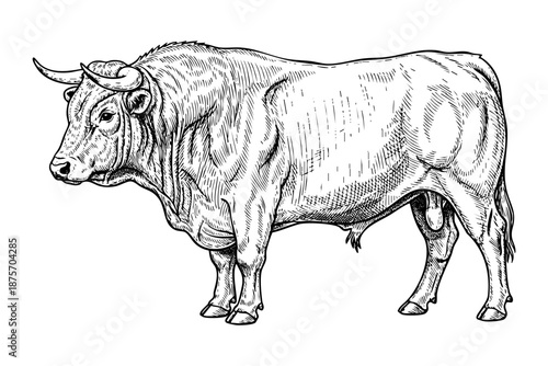 Strong bull engraving illustration in vintage hand drawn black and white line art style isolated on white