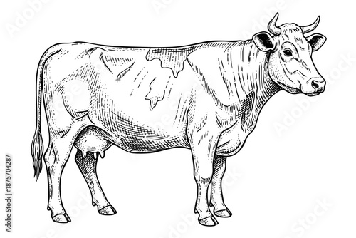 Vintage cow engraving illustration in detailed hand drawn black and white line art style isolated on white