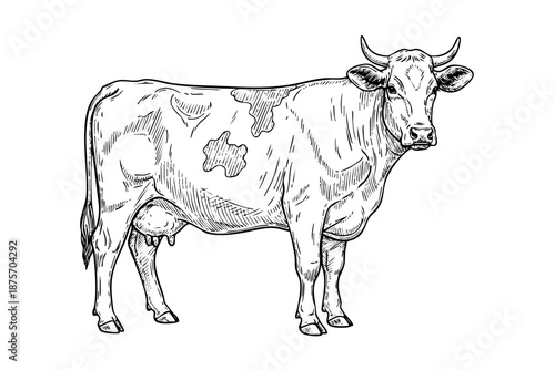 Vintage cow engraving illustration in detailed hand drawn black and white line art style isolated on white