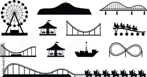 Amusement park silhouette icons set, ferris wheel, roller coaster, carousel tent, circus, bridge, ship, black vector collection