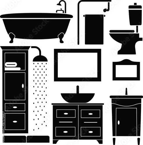 Bathroom fixtures silhouette set, bathtub, toilet, sink, shower, mirror, towel rack, cabinet icons, black and white vector collection