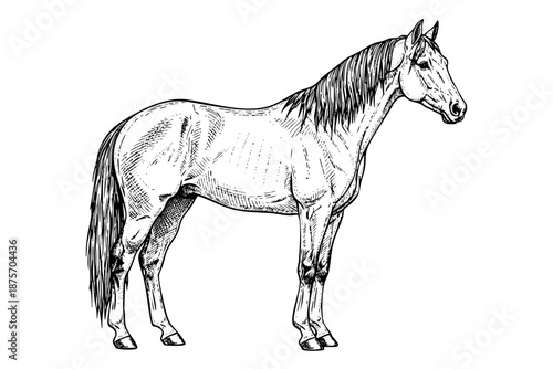 Vintage engraved horse illustration in black and white hand drawn art style