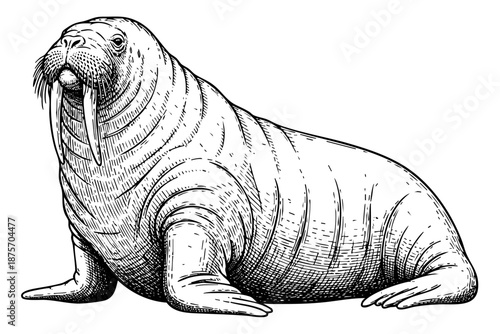 Vintage walrus engraving isolated in black ink wildlife illustration