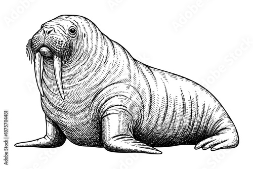 Vintage walrus engraving isolated in black ink wildlife illustration