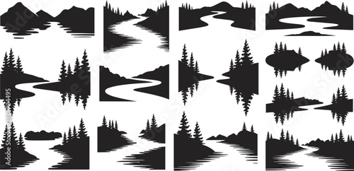 Black and white landscape silhouette set, mountains, rivers, lakes, pine forest scenes, minimalist nature vector collection, outdoor wilderness icons