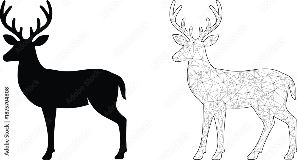 Fototapeta premium Deer Silhouette and Low Poly Wireframe Vector Illustration Set