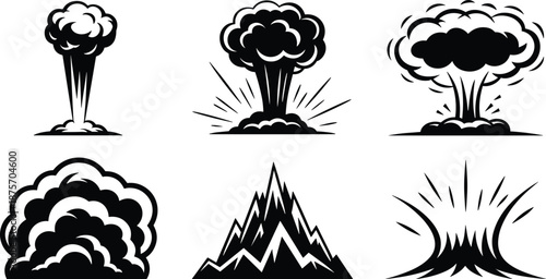 Cartoon explosion smoke icons set, mushroom cloud blast silhouettes, bomb impact burst effects, black white vector illustration collection