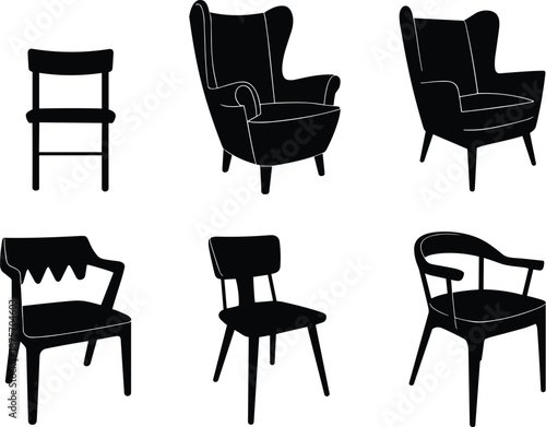 Chair silhouette set, modern armchair and wooden seating furniture collection, black and white interior design vector icons