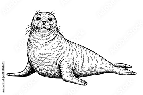 Vintage seal engraving marine mammal detailed black and white art illustration