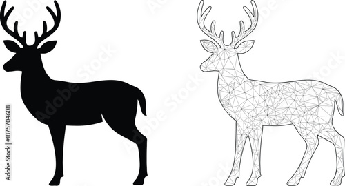 Deer Silhouette and Low Poly Wireframe Vector Illustration Set