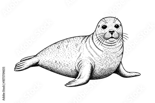 Vintage seal engraving marine mammal detailed black and white art illustration
