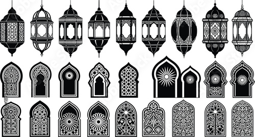 Collection of ornate black and white lanterns and arched windows with intricate patterns and arches