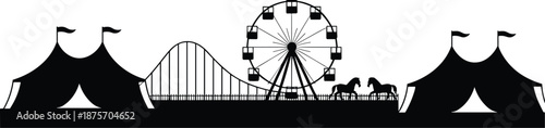 Circus carnival silhouette, big top tents with ferris wheel and roller coaster, amusement park skyline, black vector illustration