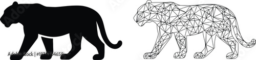 Set of 2 Panther Icons Vector: Black Silhouette and Geometric Wireframe