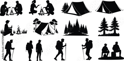 Camping silhouettes set, hikers tents campfire forest icons collection, outdoor adventure trekking nature travel, black vector illustration