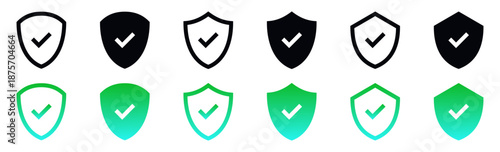 Shield check mark icon or security shield protection icon with tick symbol. green security shield icon