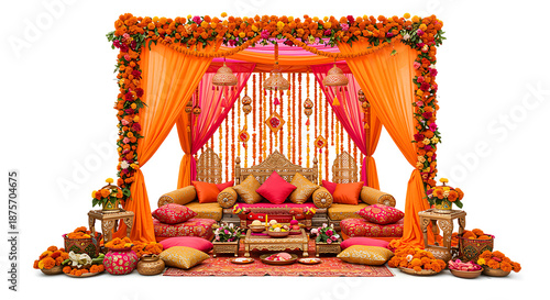 Traditional Indian Wedding Mandap Decoration with Vibrant Orange and Pink Drapes, Floral Arrangements, and Elegant Decorative Elements