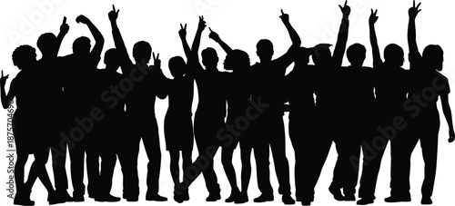 Crowd silhouette cheering together, group of people celebrating at party or concert, black and white community illustration vector