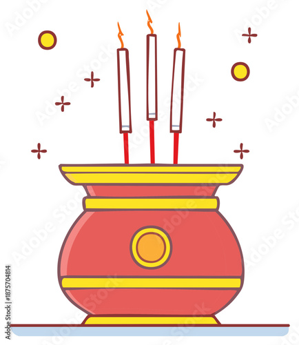 Traditional Incense Burner with Three Lit Candles and Decorative Sparkles