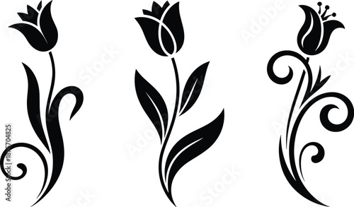 Floral silhouettes set, tulip flower ornaments, black and white decorative botanical icons, elegant nature design elements collection