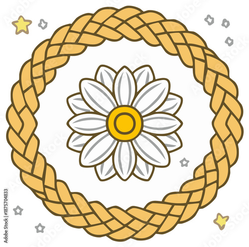 Whimsical Daisy Flower in a Circular Golden Braid Wreath with Stars