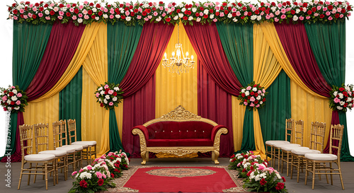 Elegant Wedding Stage Decoration with Luxurious Floral Arrangements, Rich Green, Red, and Gold Drapes, and Plush Red and Gold Sofa