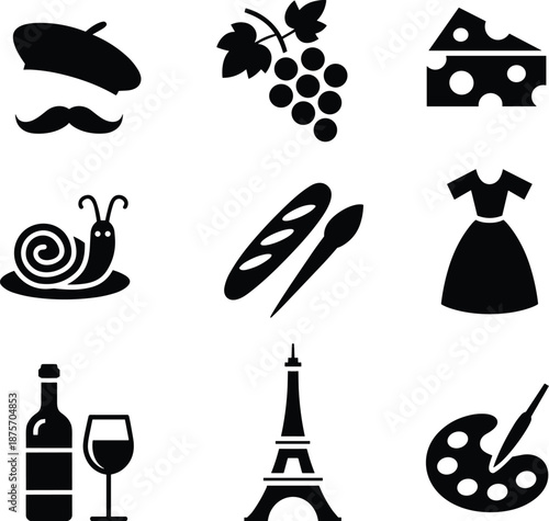 French culture icon set, beret, mustache, grapes, cheese, baguette, Eiffel tower, wine, art palette, black silhouette