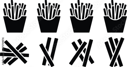 French fries silhouette icon set, fast food potato chips collection, black and white snack symbols, vector illustration design